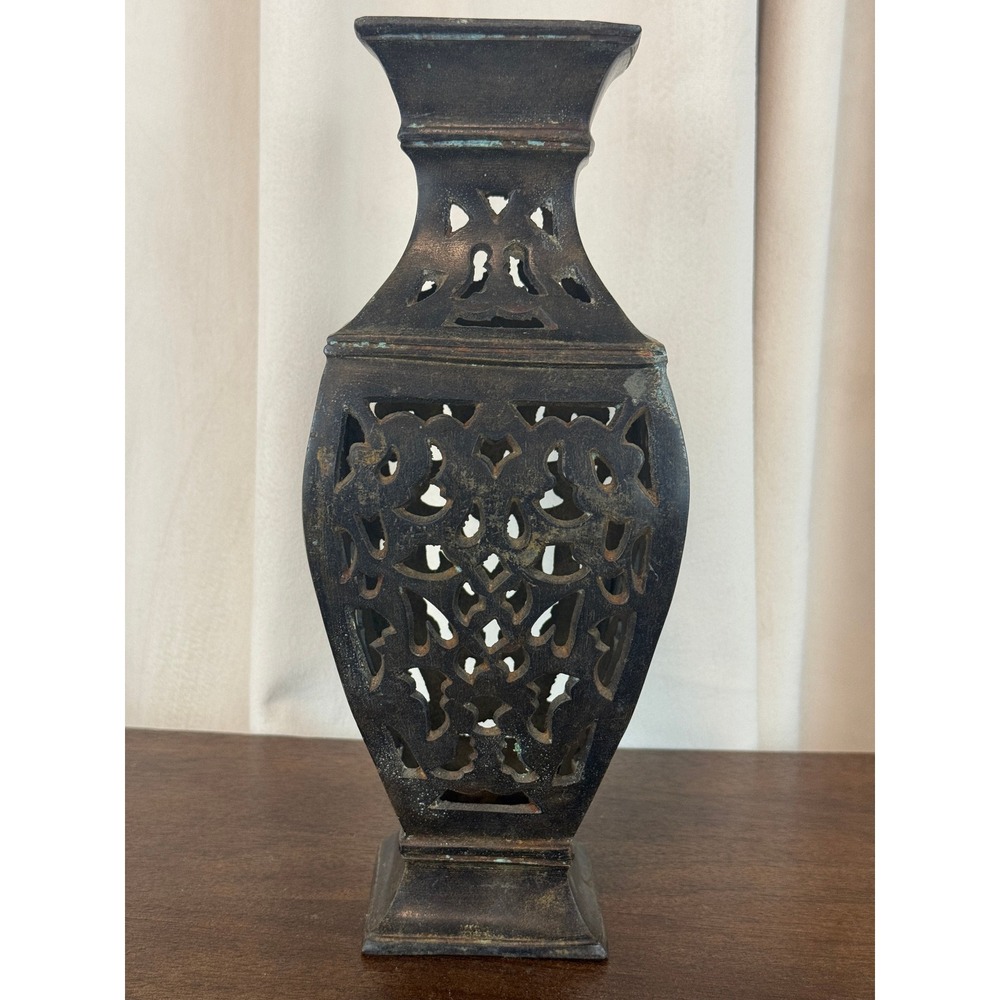 VTG Bronze Hollow Vase Lantern Pierced Cut Work Verdigris 11" Tall
